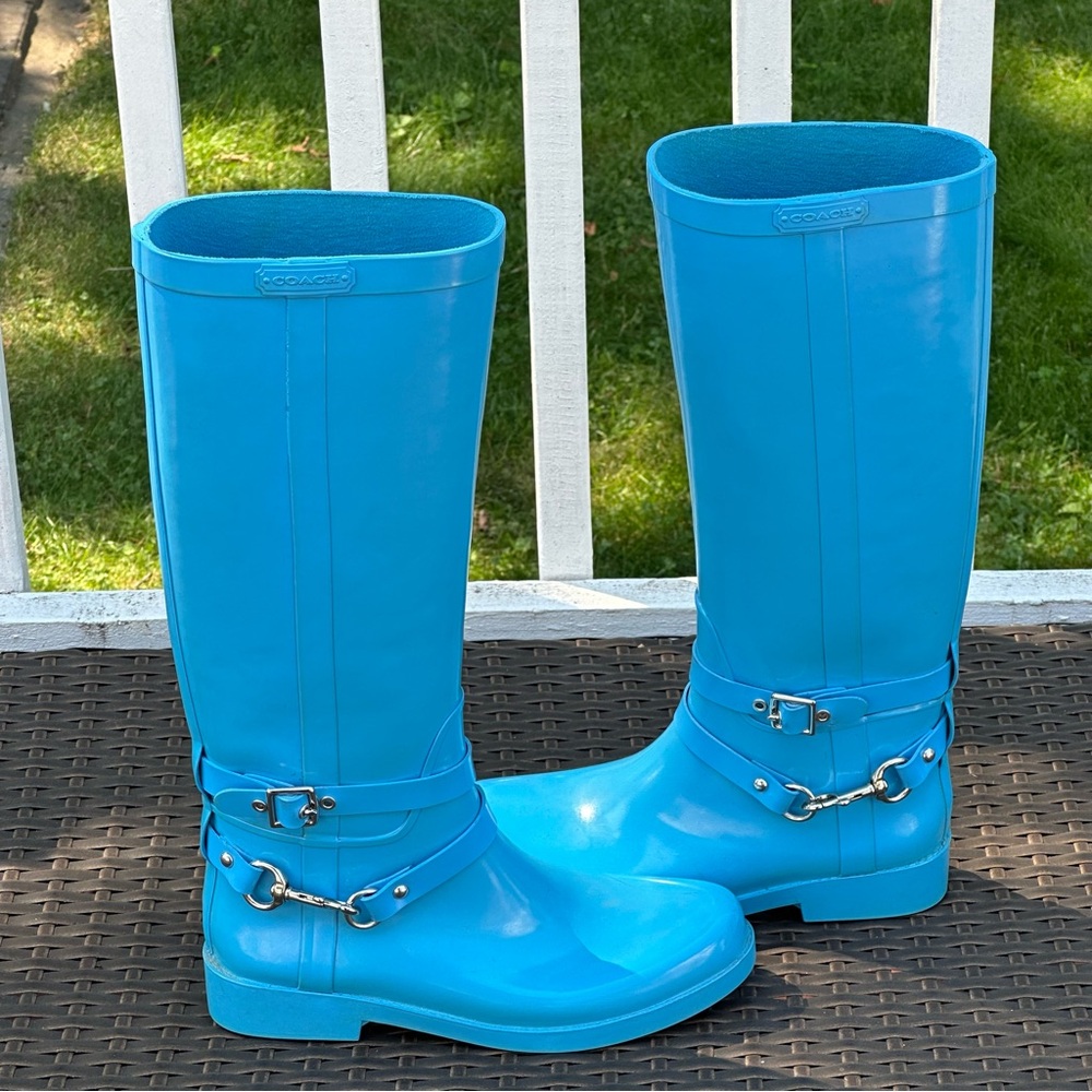 Coach Lori Blue Tall Rain Rubber Boots, Size 9, Women's